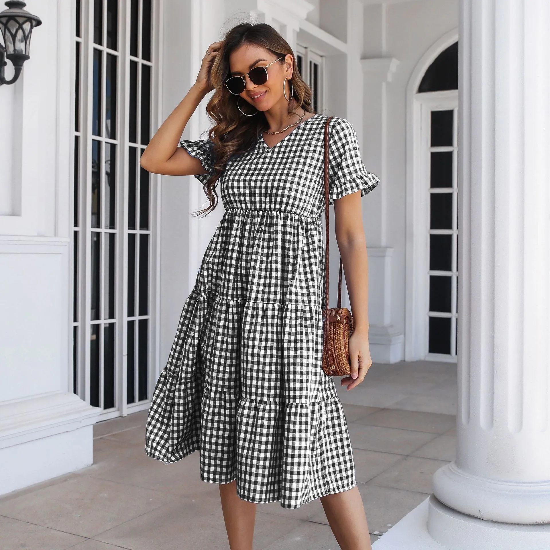 Checked Midi Dress with Tiered Skirt and Short Sleeves