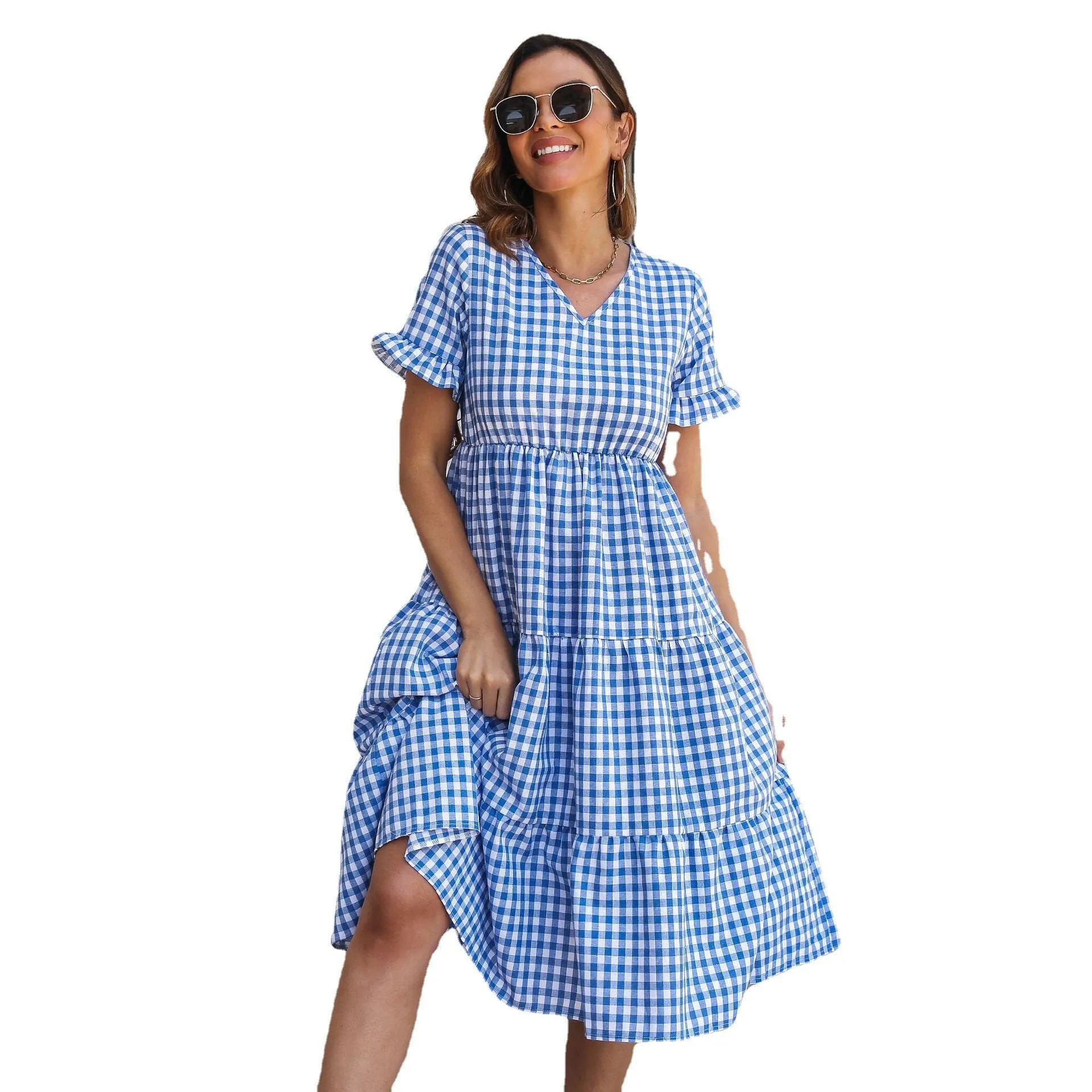 Checked Midi Dress with Tiered Skirt and Short Sleeves