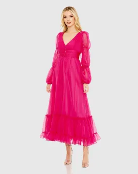 Chiffon Ruched Tiered Puff Sleeve A Line Dress