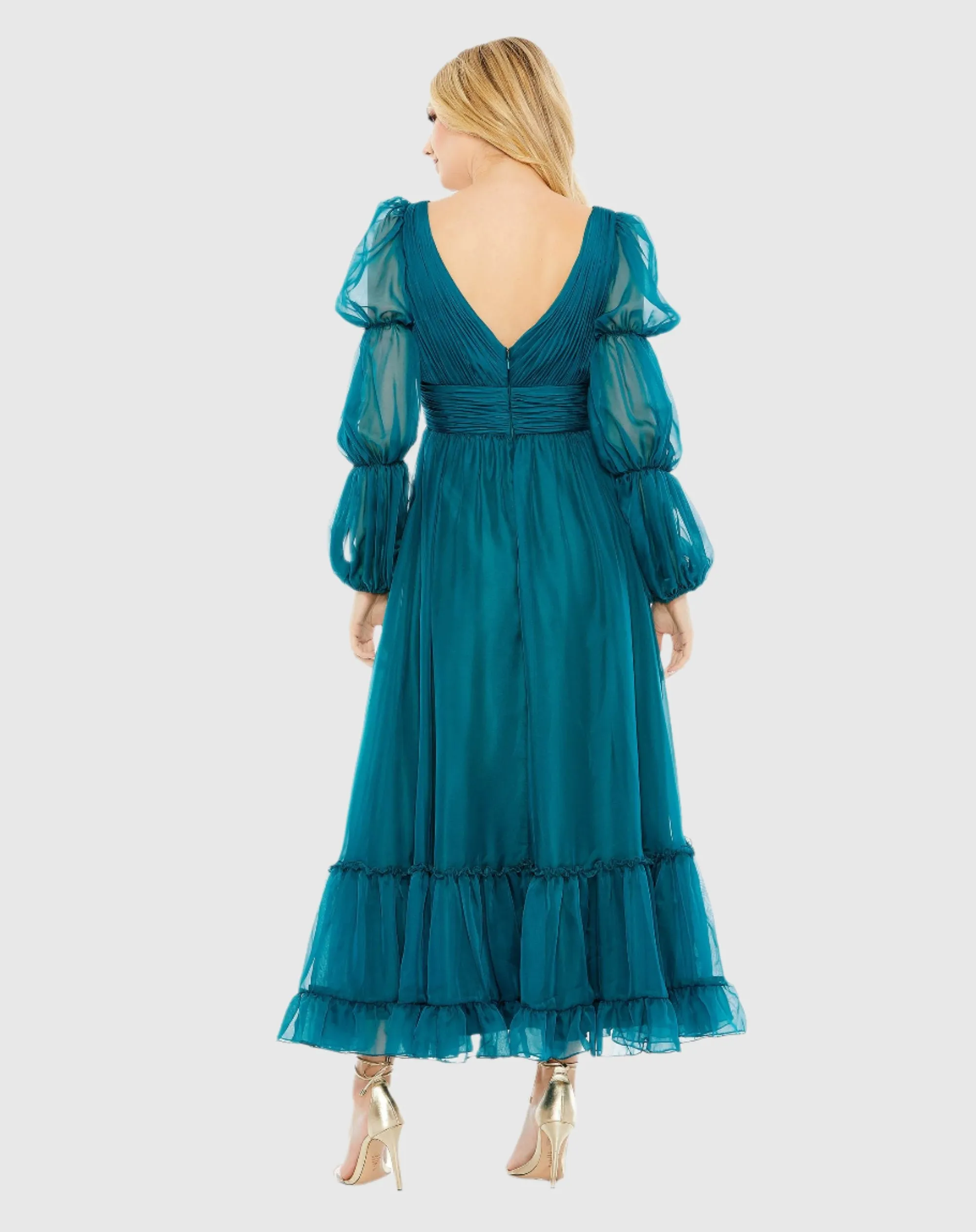 Chiffon Ruched Tiered Puff Sleeve A Line Dress