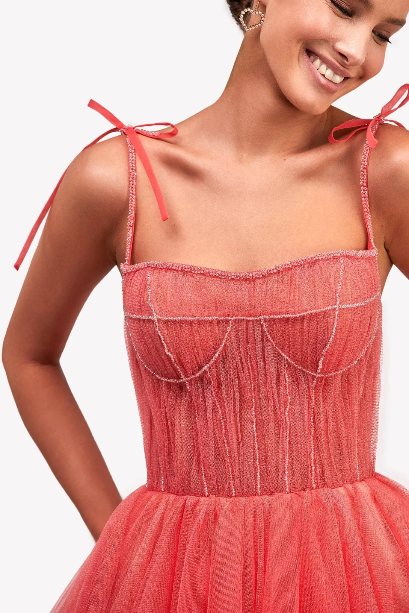 Coral Tie-strap cocktail dress with the elegant corset embroidery