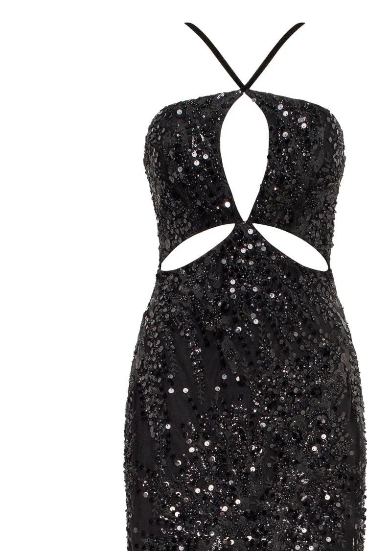 Smoky Quartz Sequined Cut-Out Halterneck Black Maxi Dress