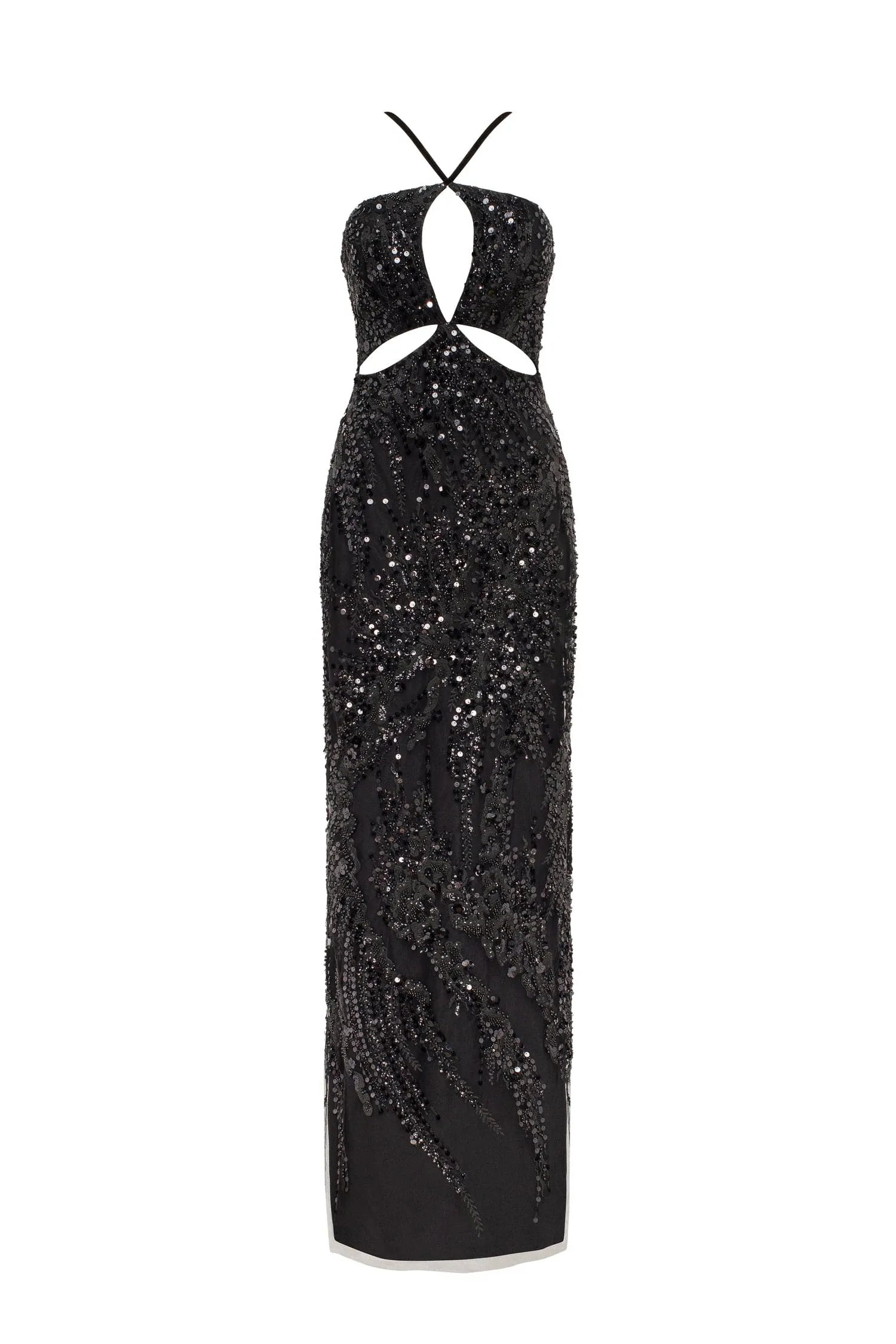 Smoky Quartz Sequined Cut-Out Halterneck Black Maxi Dress