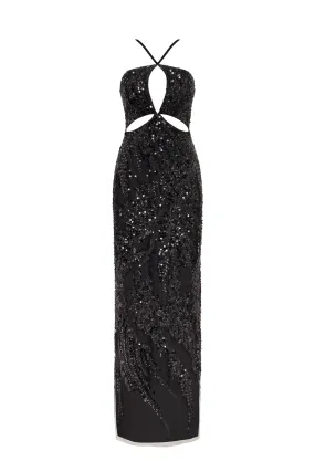 Smoky Quartz Sequined Cut-Out Halterneck Black Maxi Dress