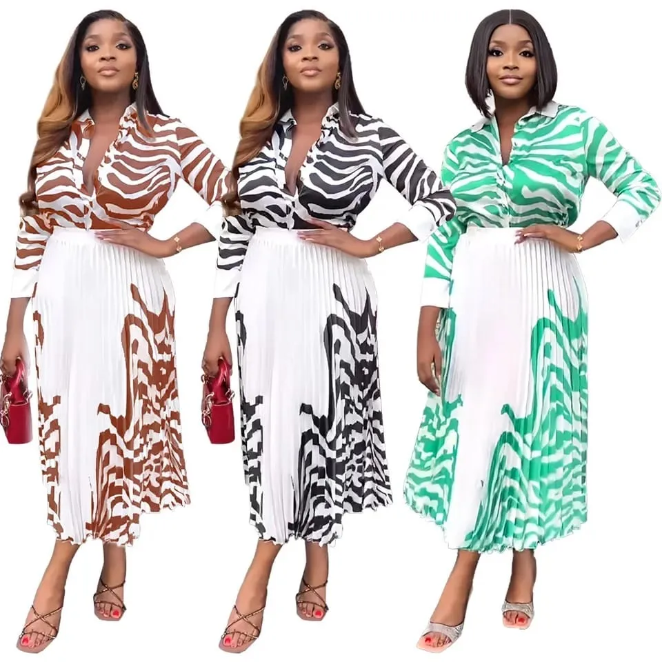 Dashiki Print Pleated Skirt and Shirt Set