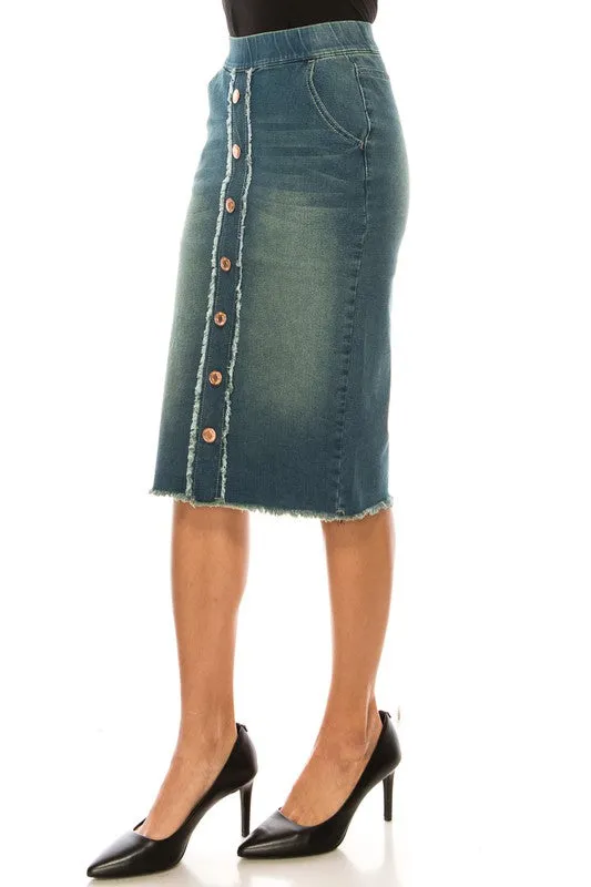 Debbie Button & Fringe Jean Skirt- Vintage Wash