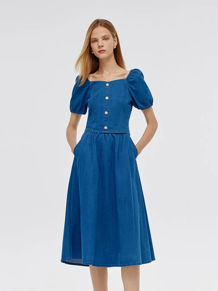 Denim Puff Sleeves Top And A-Line Skirt Two-Piece Set