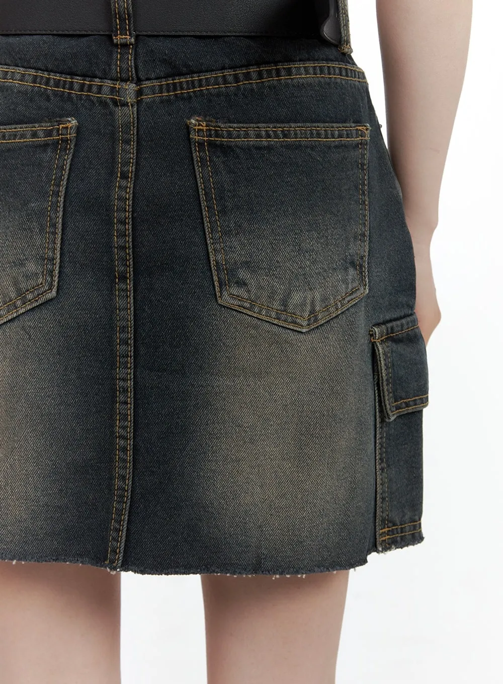 Destroyed Hem Cargo Denim Mini Skirt CA402