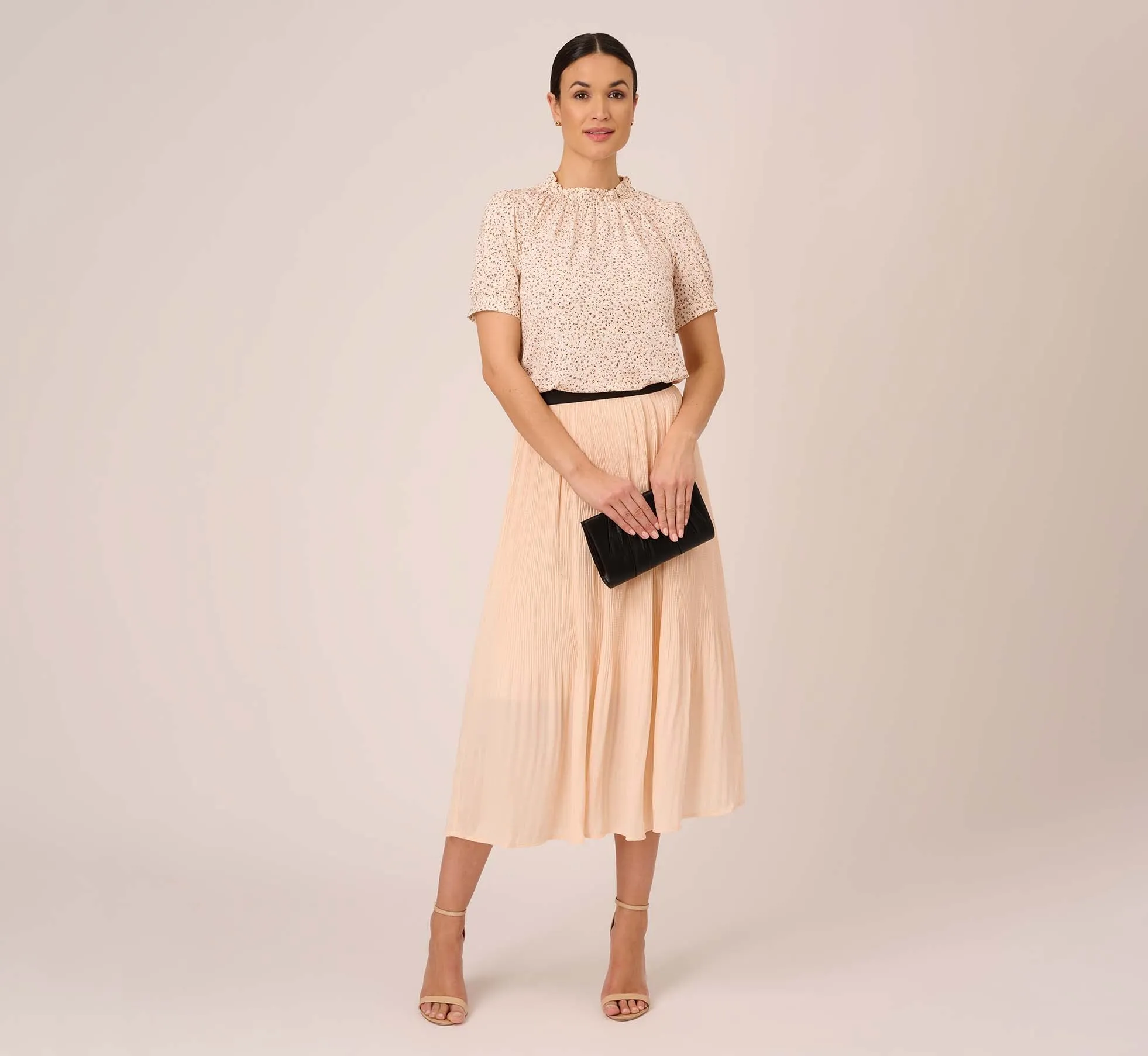 Dot Print Pleated Midi Skirt In Champagne Ivory Seed Dot