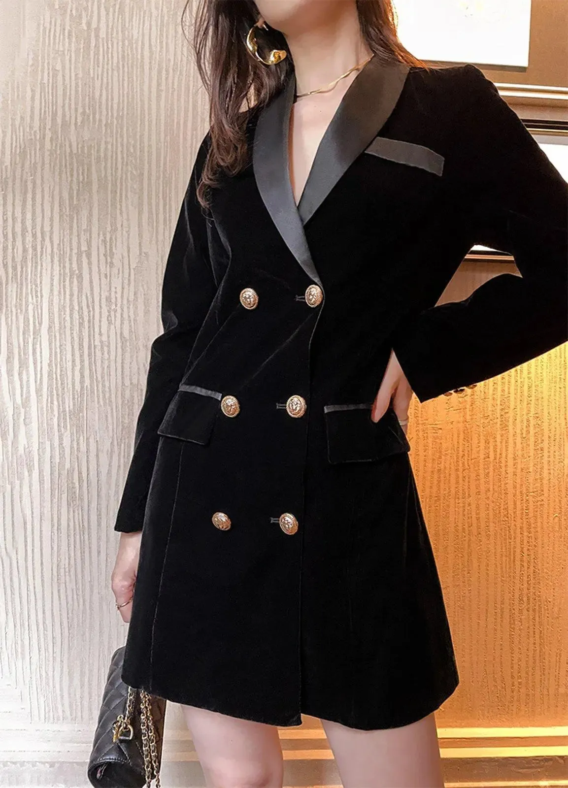 Elegant Slim-Fit Double-Breasted Velvet Blazer Dress