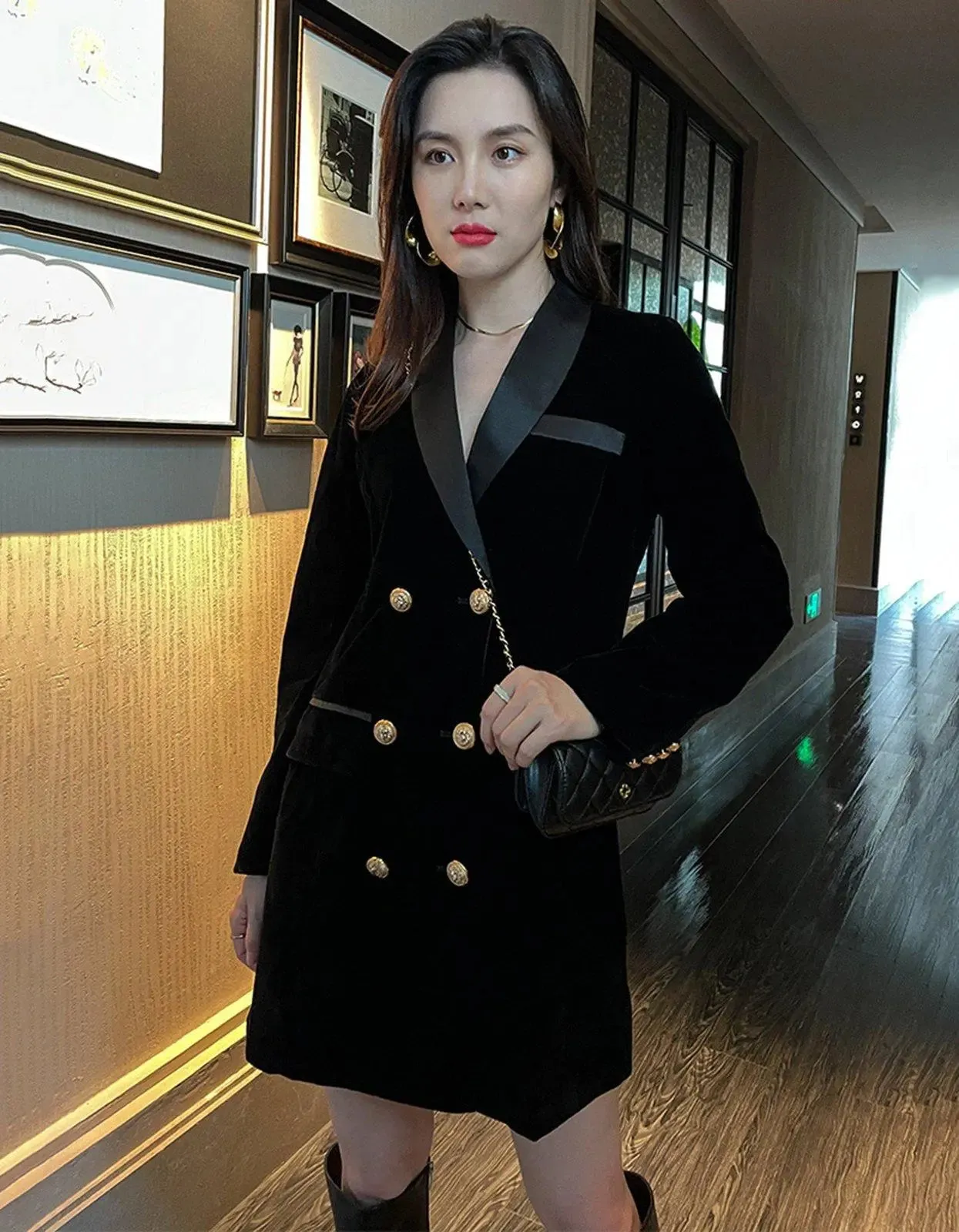 Elegant Slim-Fit Double-Breasted Velvet Blazer Dress