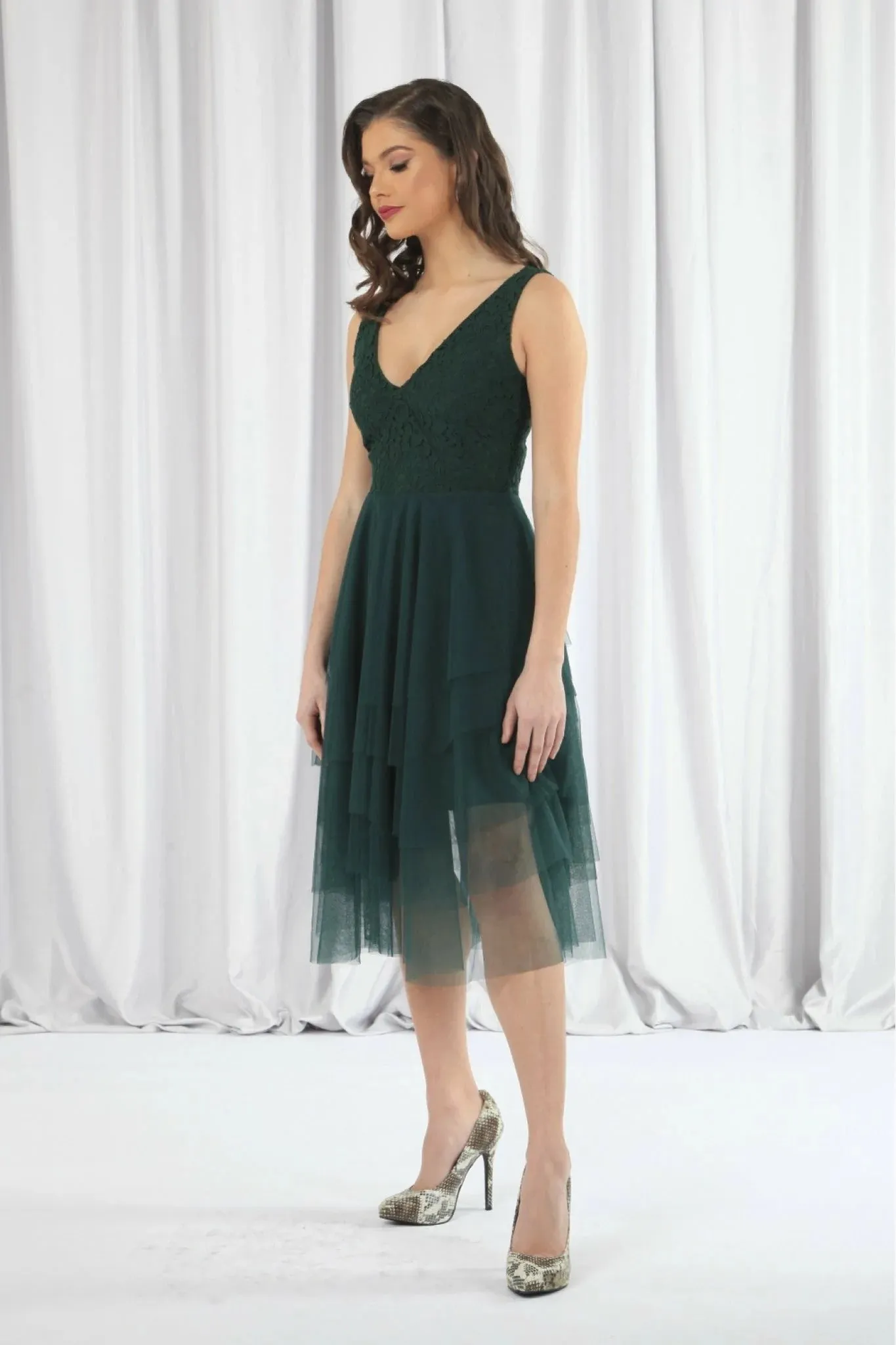 Double Second Green Tiered Tulle Dress