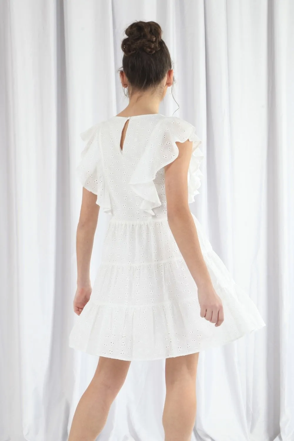 Double Second White Broderie Frill Sleeve Tiered Dress