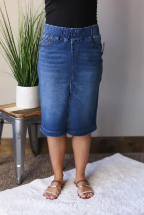 Elastic Waist Mid Wash Denim Skirt