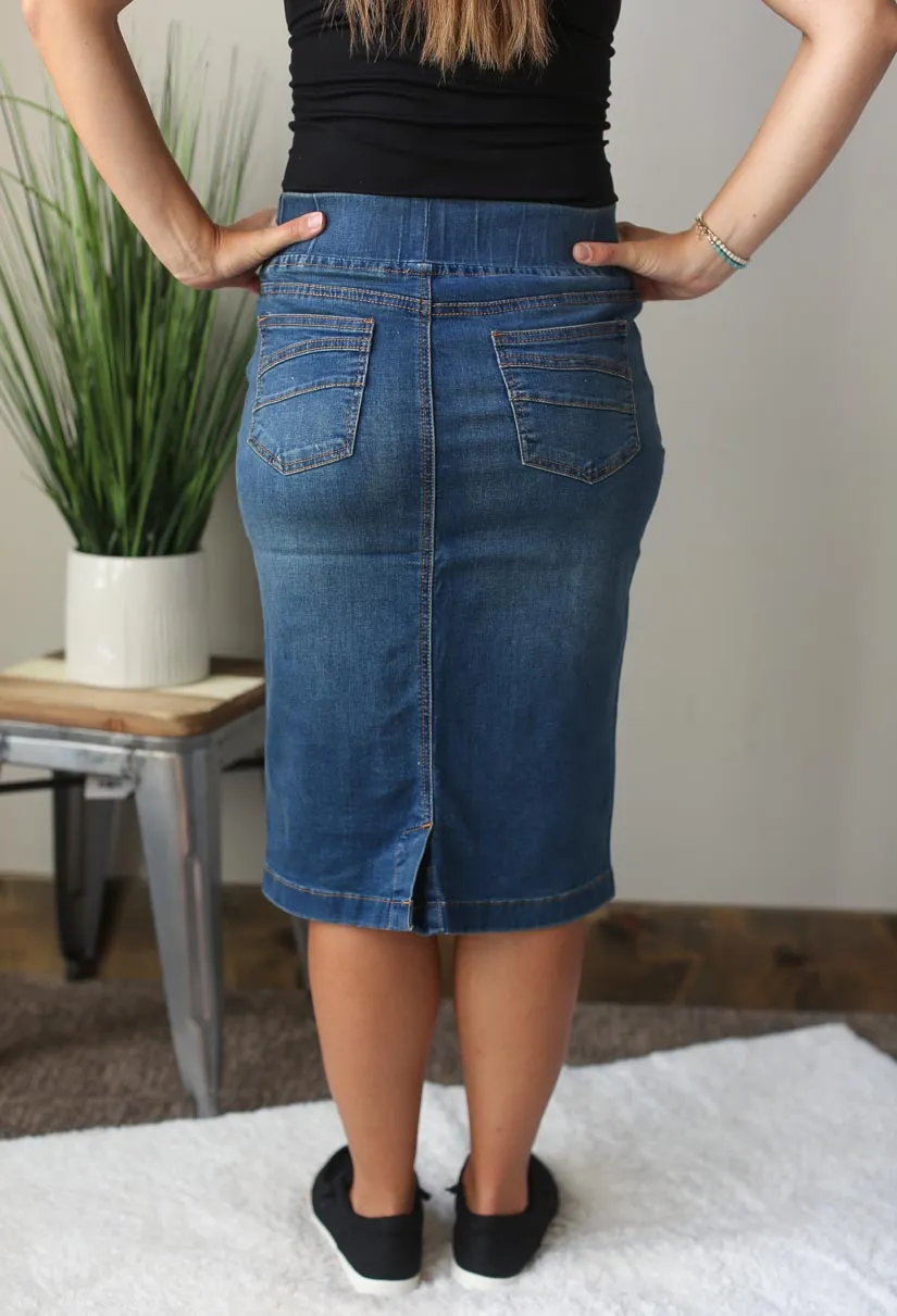 Elastic Waist Mid Wash Denim Skirt