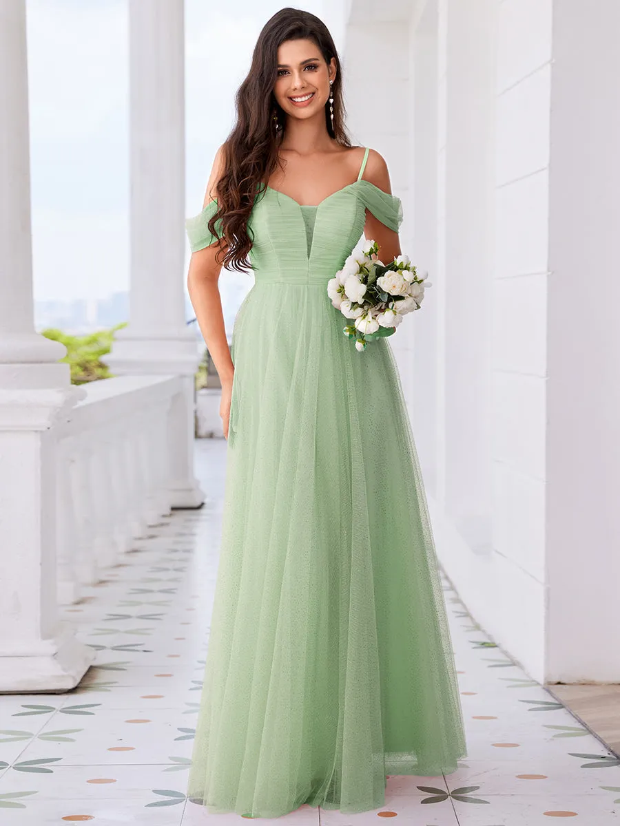 Elegant Spaghetti Straps Sweetheart Neckline Pleated Tulle Bridesmaid Dresses with Padded Enough