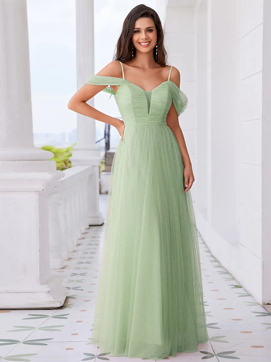 Elegant Spaghetti Straps Sweetheart Neckline Pleated Tulle Bridesmaid Dresses with Padded Enough