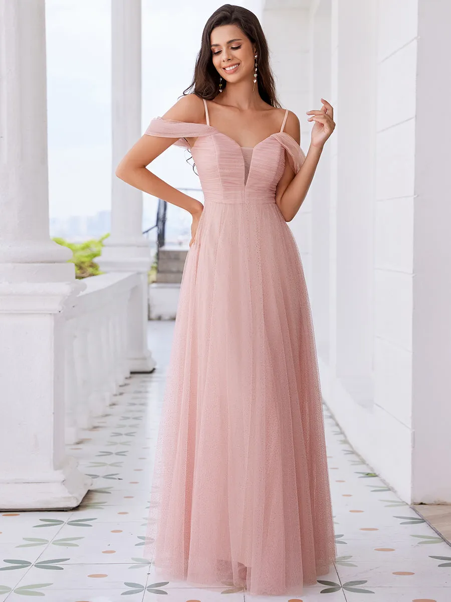 Elegant Spaghetti Straps Sweetheart Neckline Pleated Tulle Bridesmaid Dresses with Padded Enough