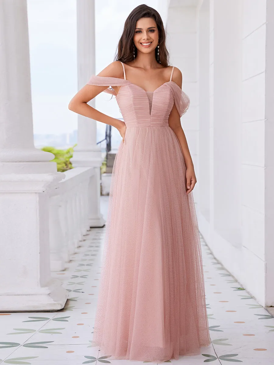 Elegant Spaghetti Straps Sweetheart Neckline Pleated Tulle Bridesmaid Dresses with Padded Enough