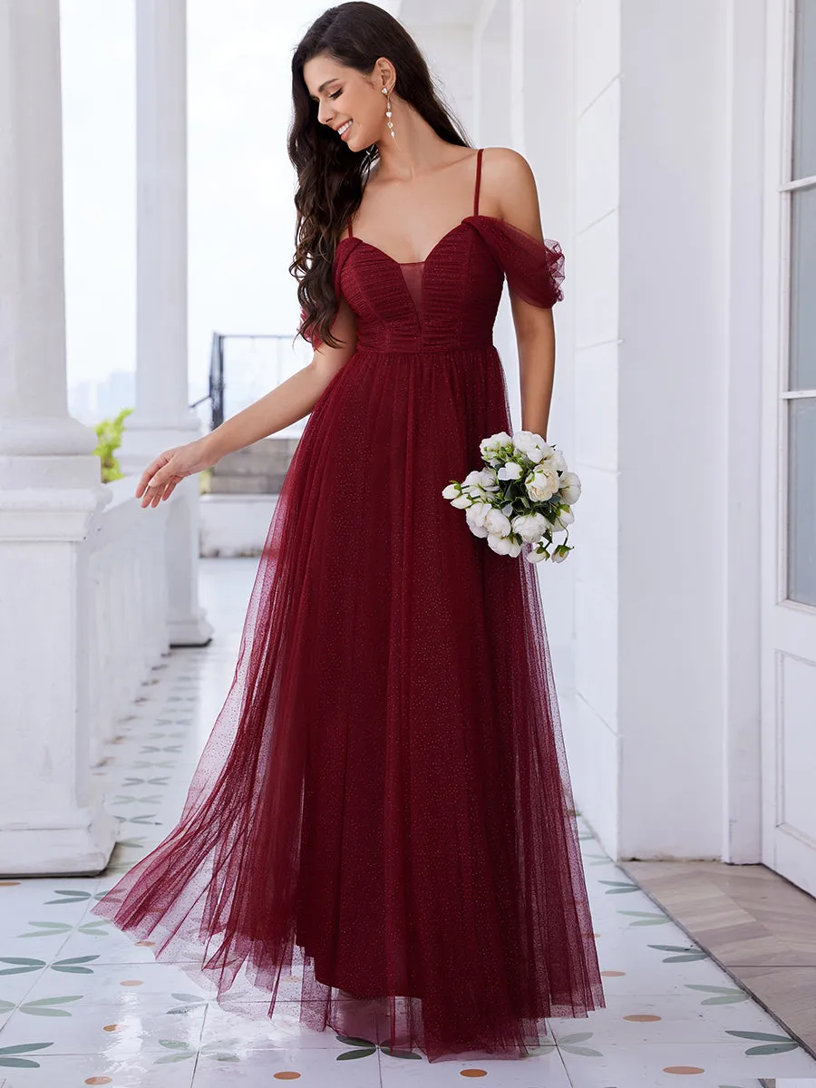 Elegant Spaghetti Straps Sweetheart Neckline Pleated Tulle Bridesmaid Dresses with Padded Enough