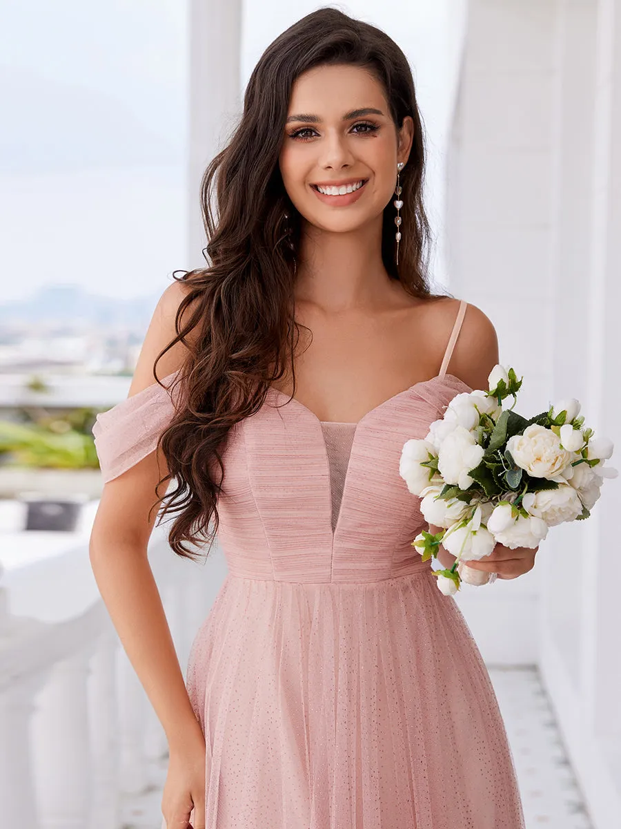 Elegant Spaghetti Straps Sweetheart Neckline Pleated Tulle Bridesmaid Dresses with Padded Enough