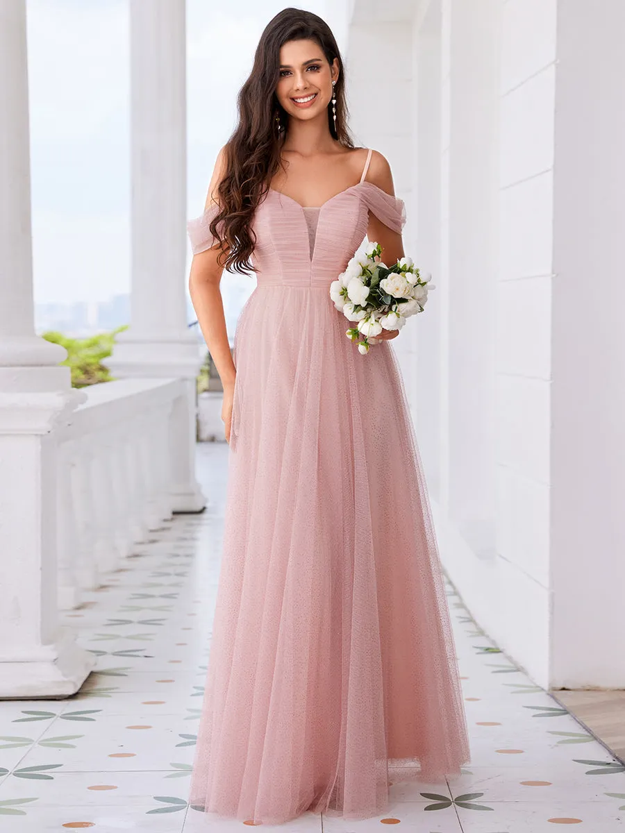 Elegant Spaghetti Straps Sweetheart Neckline Pleated Tulle Bridesmaid Dresses with Padded Enough