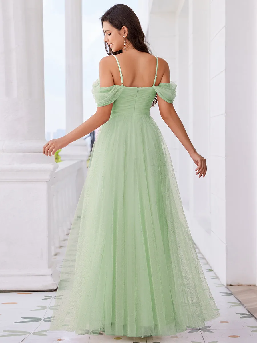 Elegant Spaghetti Straps Sweetheart Neckline Pleated Tulle Bridesmaid Dresses with Padded Enough