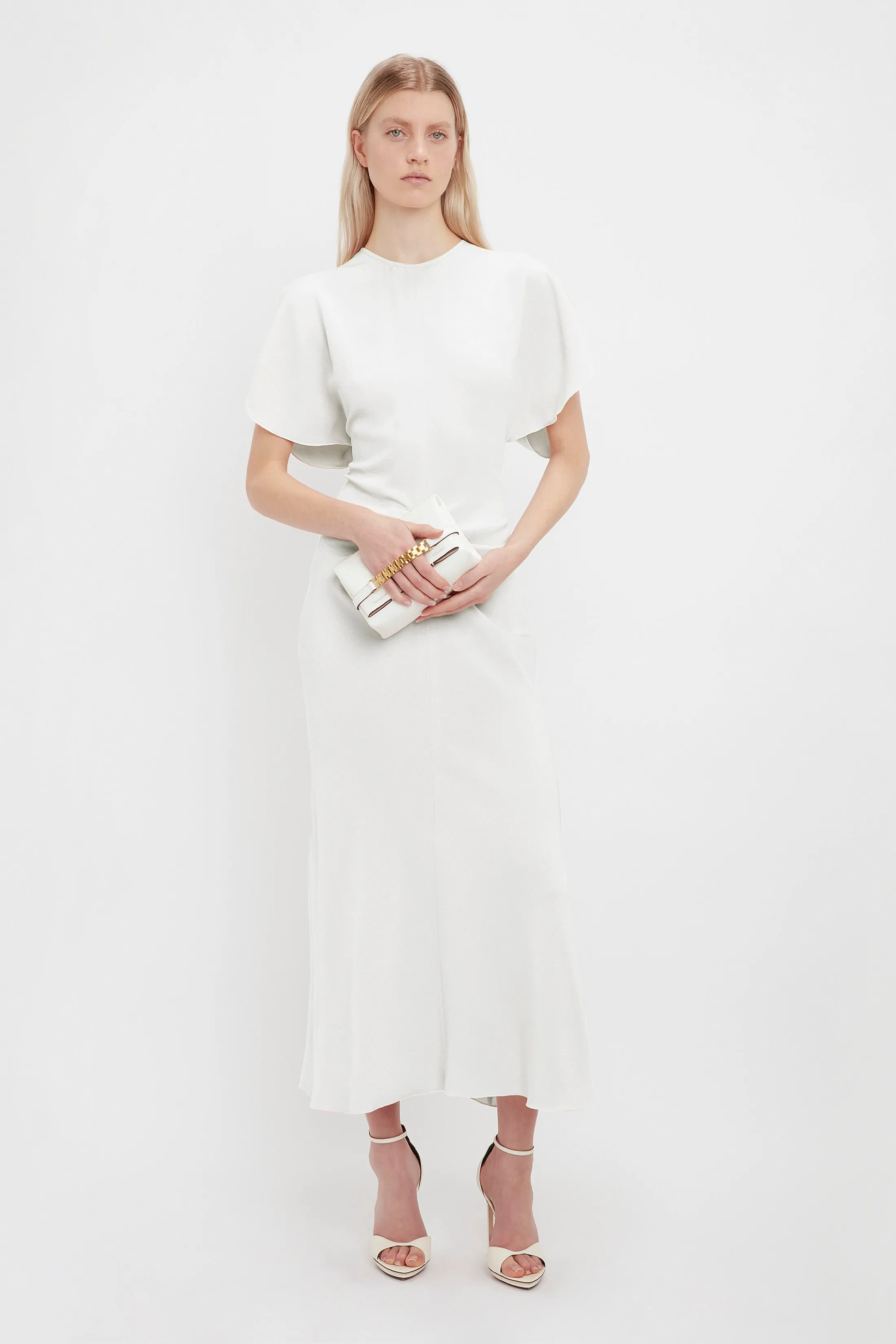 Exclusive Gathered Waist Midi Dress In Ivory