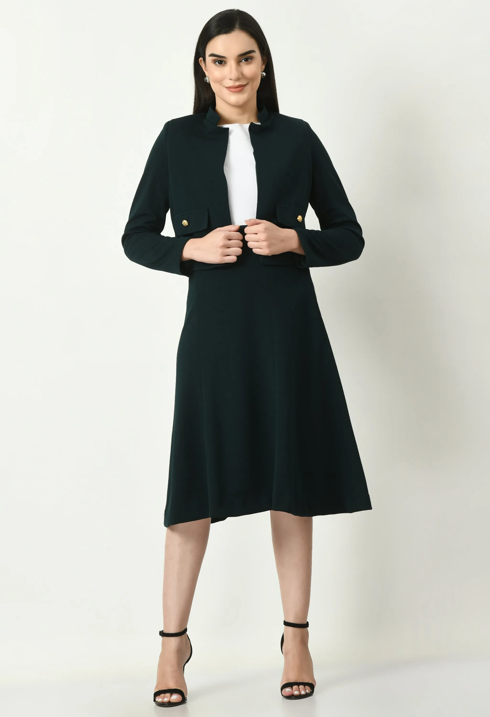 Exude Exuberant Mandarin Collar Blazer with Midi A-line Skirt (Emerald Green)