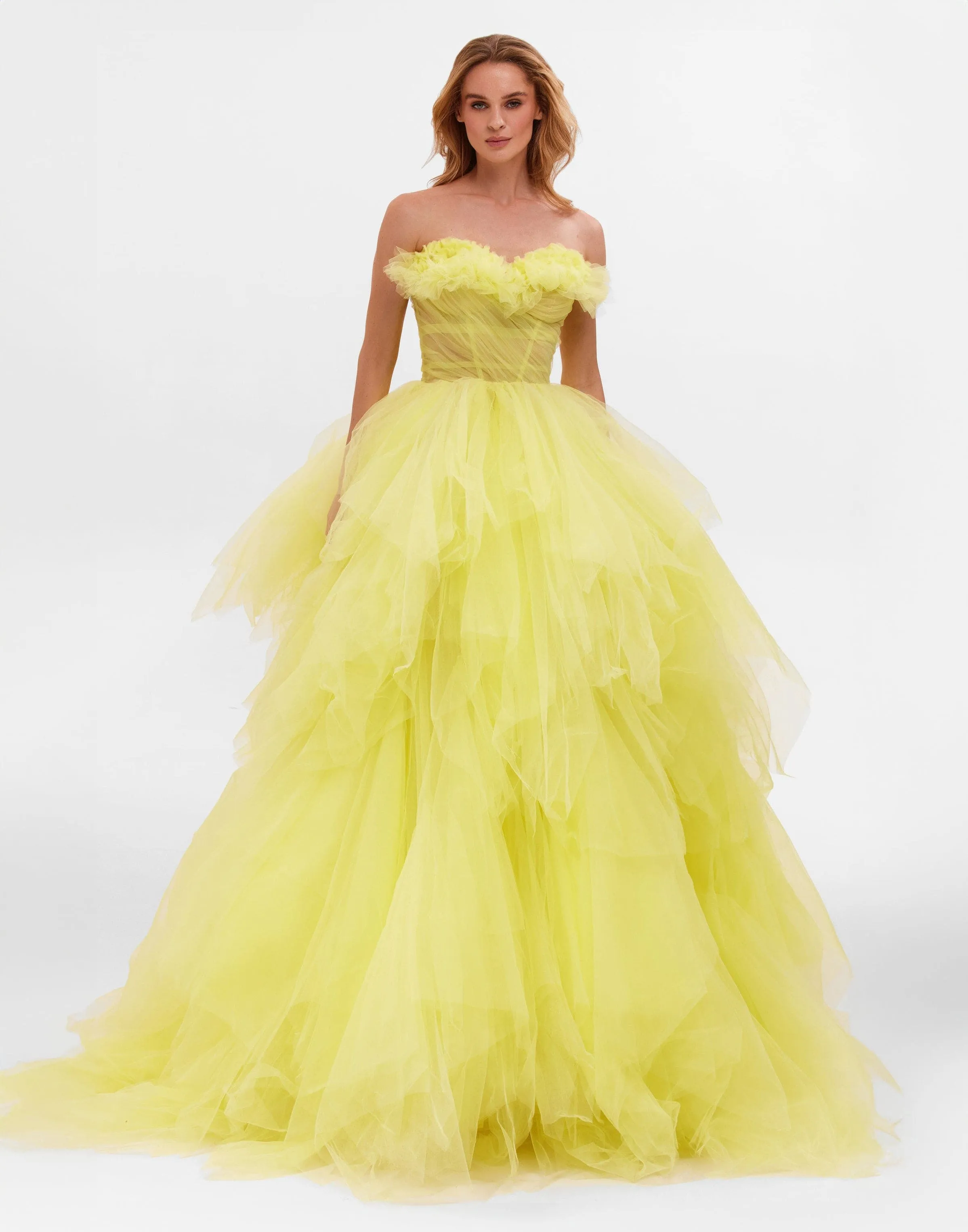 Fairytale frill-layered maxi dress in vivid yellow