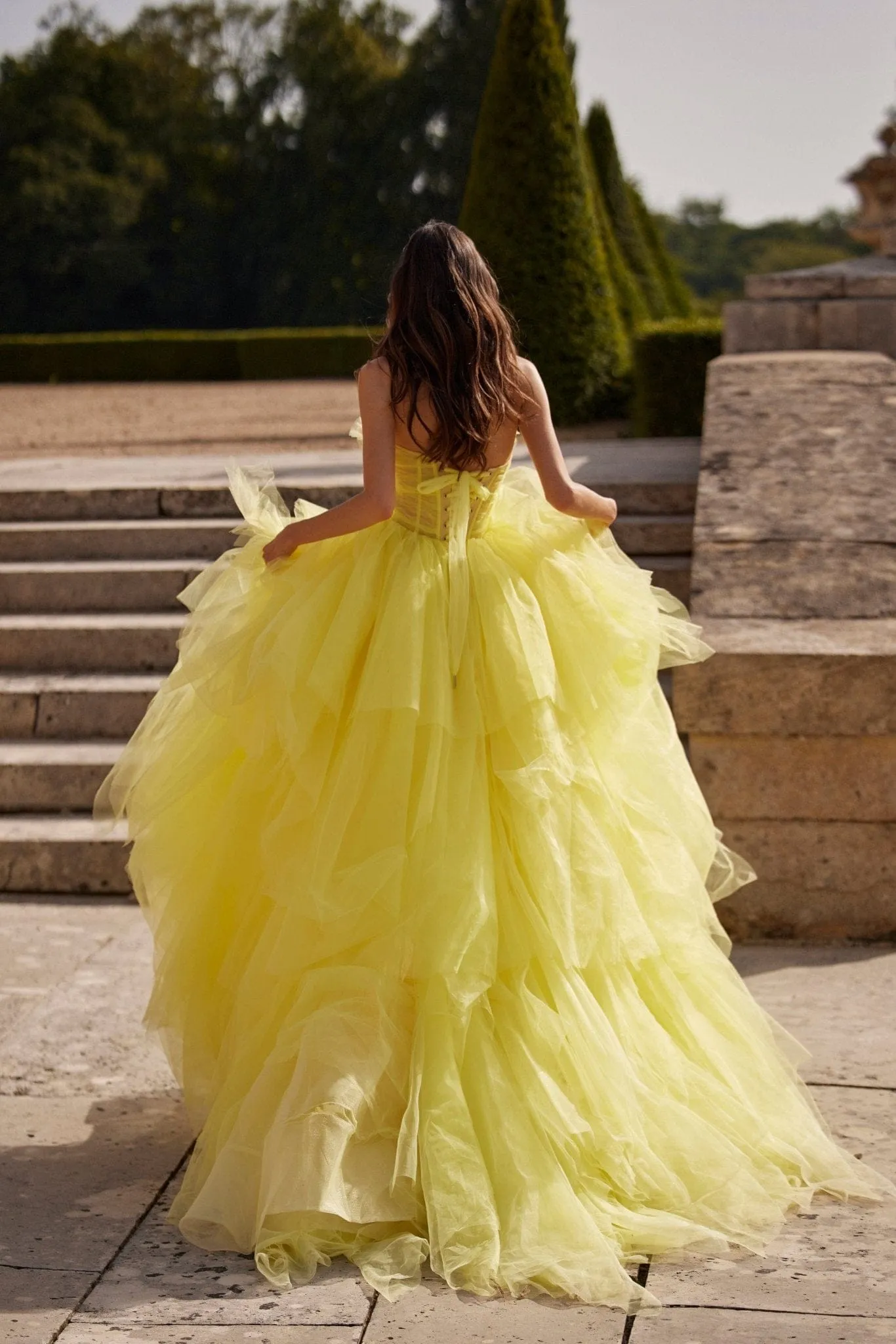 Fairytale frill-layered maxi dress in vivid yellow