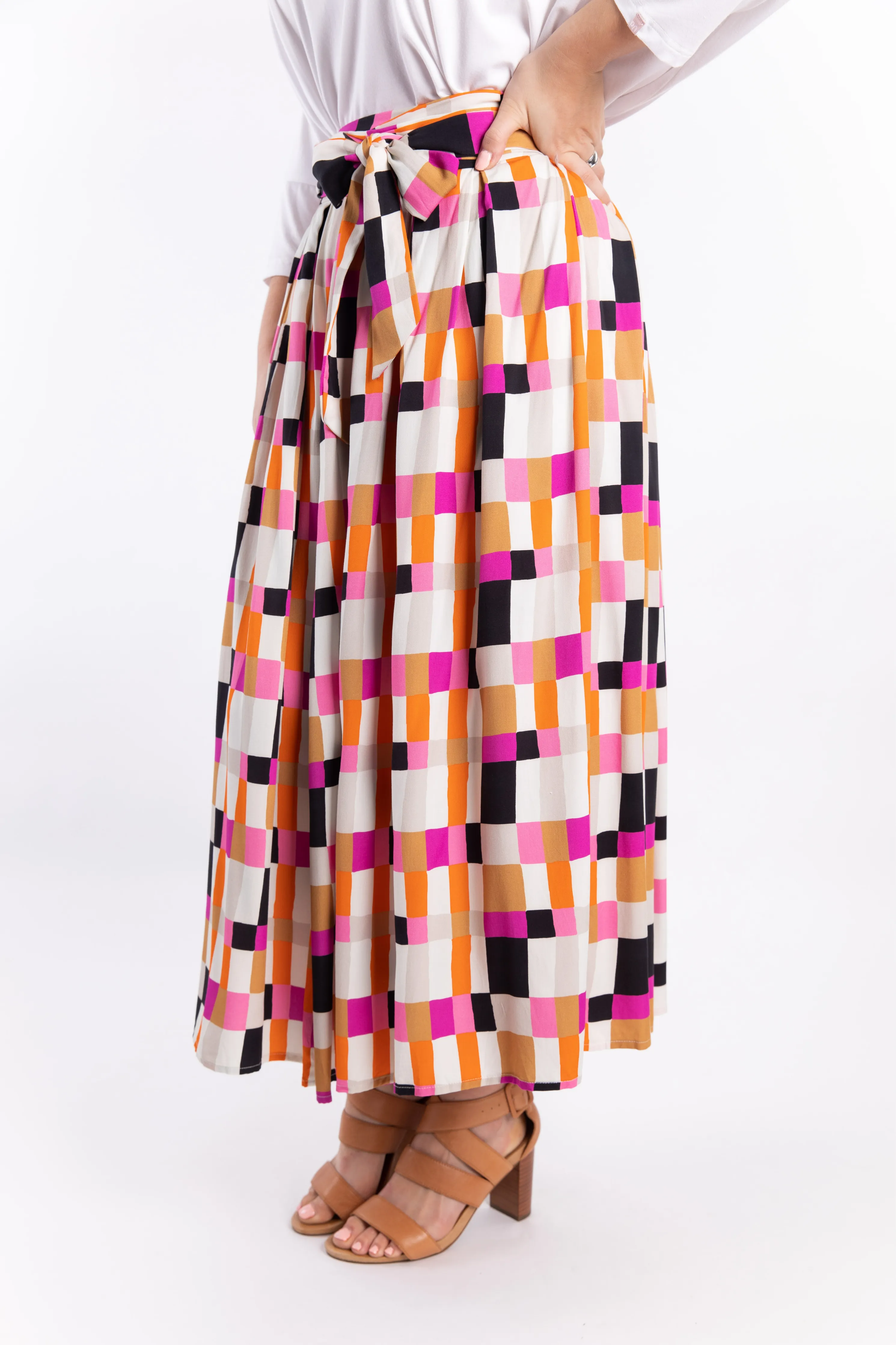 FINAL SALE Twirl Tie Skirt in Sunset Gingham