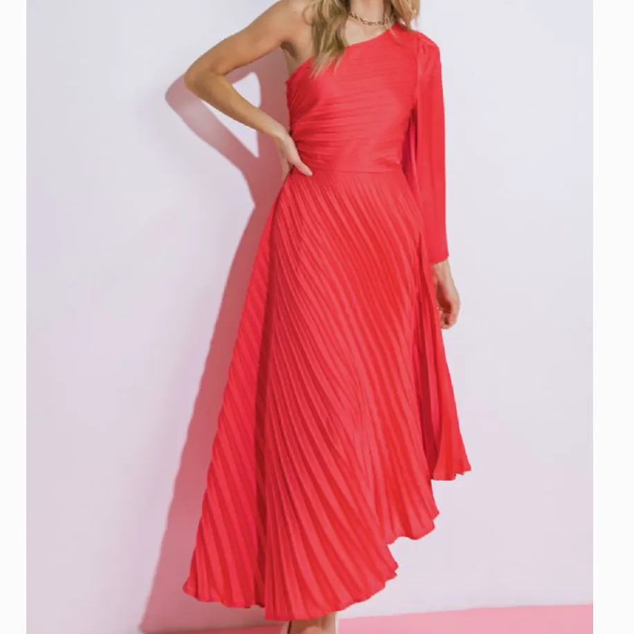 Fly High Coral Pleated One Shoulder Maxi Dress