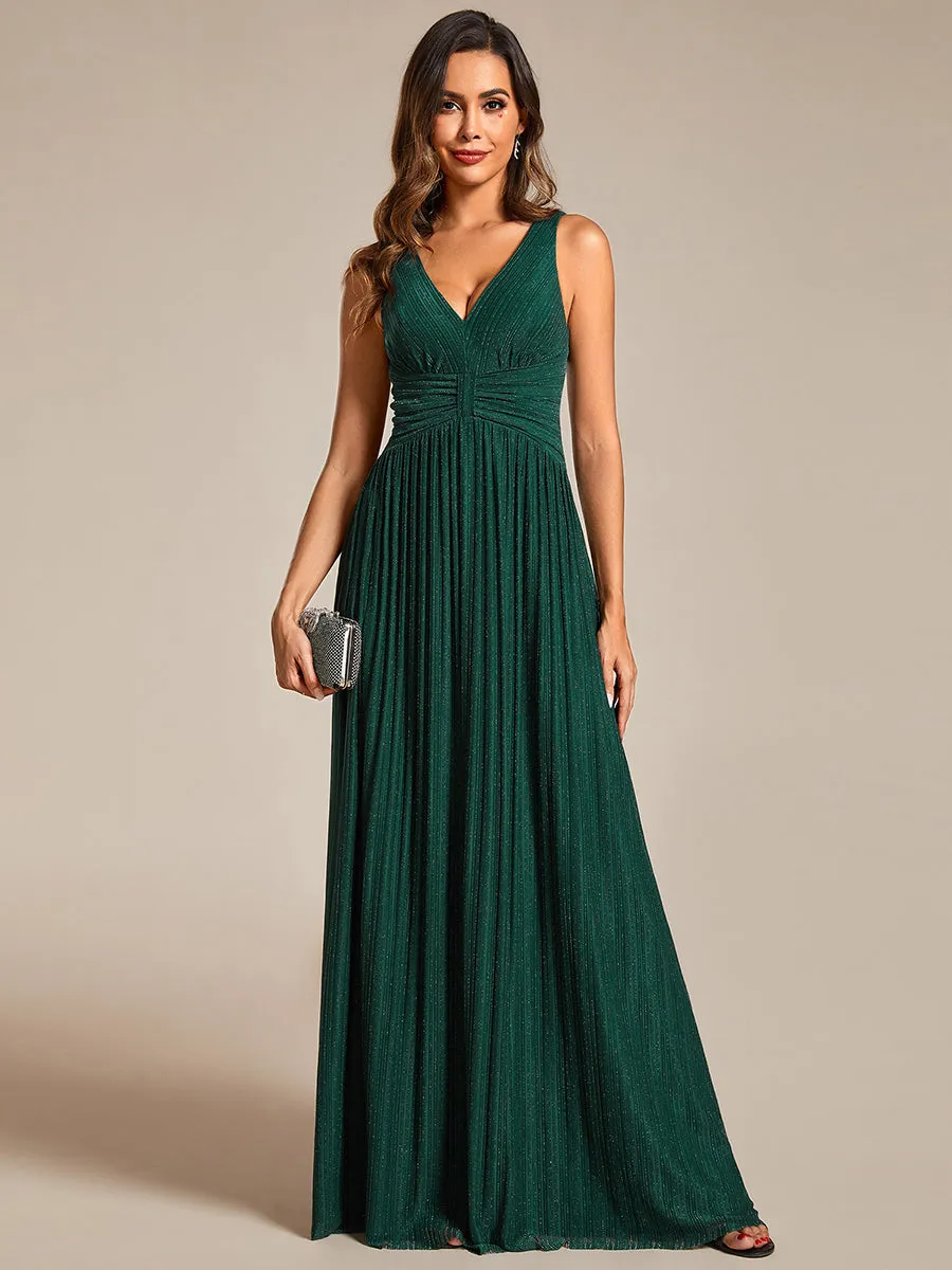 Glittery Pleated Empire Waist Sleeveless Formal Evening Dress