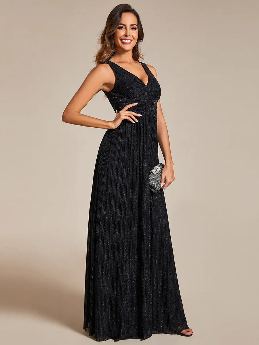 Glittery Pleated Empire Waist Sleeveless Formal Evening Dress