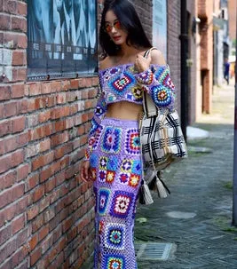 Granny Squares Maxi Skirt & Top Set Carnaby Lovers Off Shoulder Long Sleeve Top Long Granny Square Skirt Drawstring Waist Bikini Beach Cover Up Handmade Boho Crochet Choose Red Or Lavender One Size