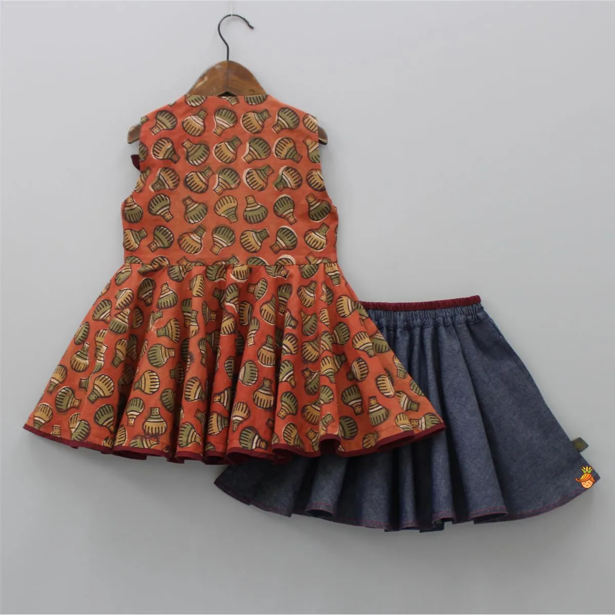 Hand Block Printed Rust Top And Pocket Detail Skirt Style Shorts