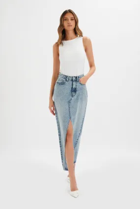 HARPER Crystal Embellished Denim Maxi Skirt in Light Blue