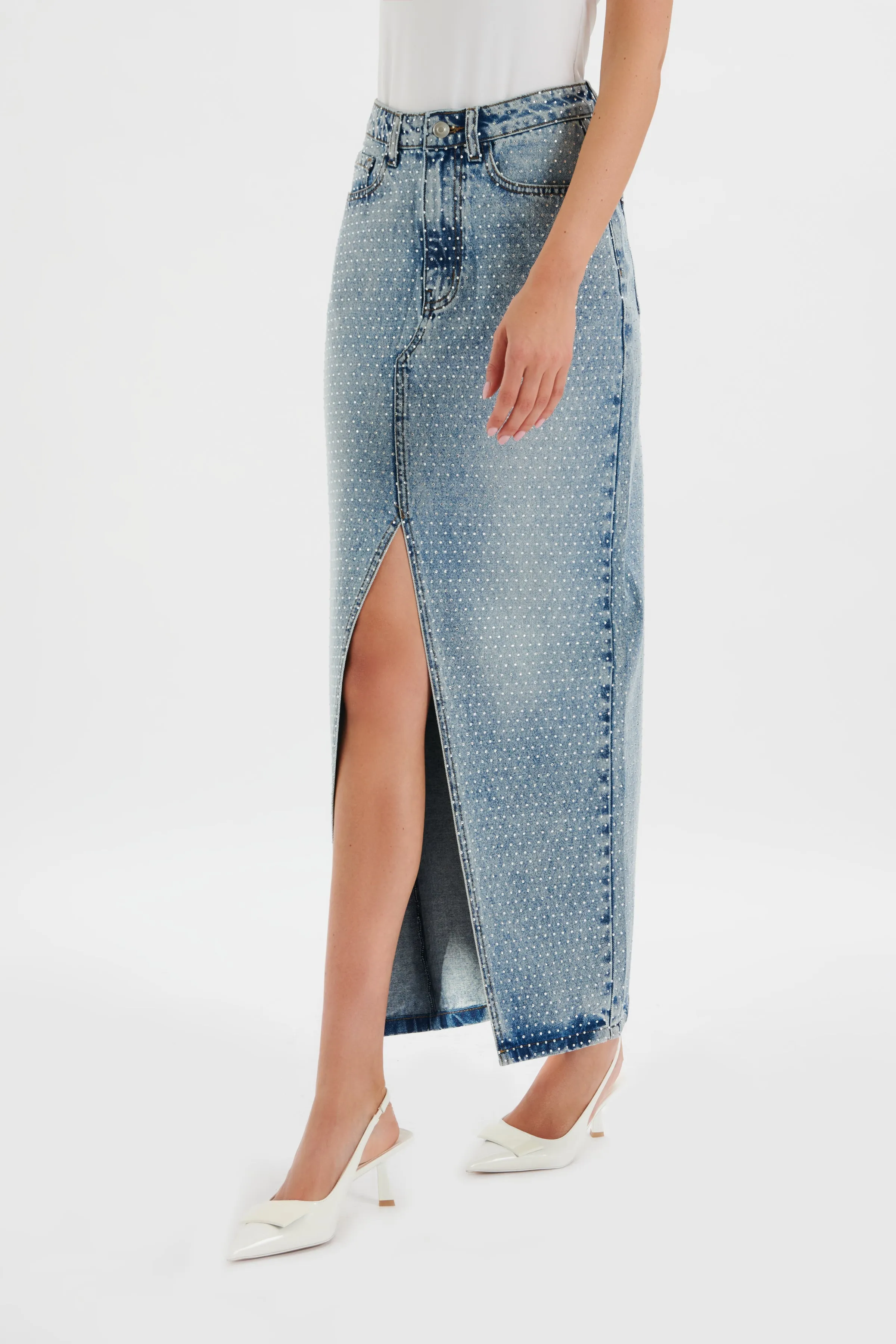 HARPER Crystal Embellished Denim Maxi Skirt in Light Blue