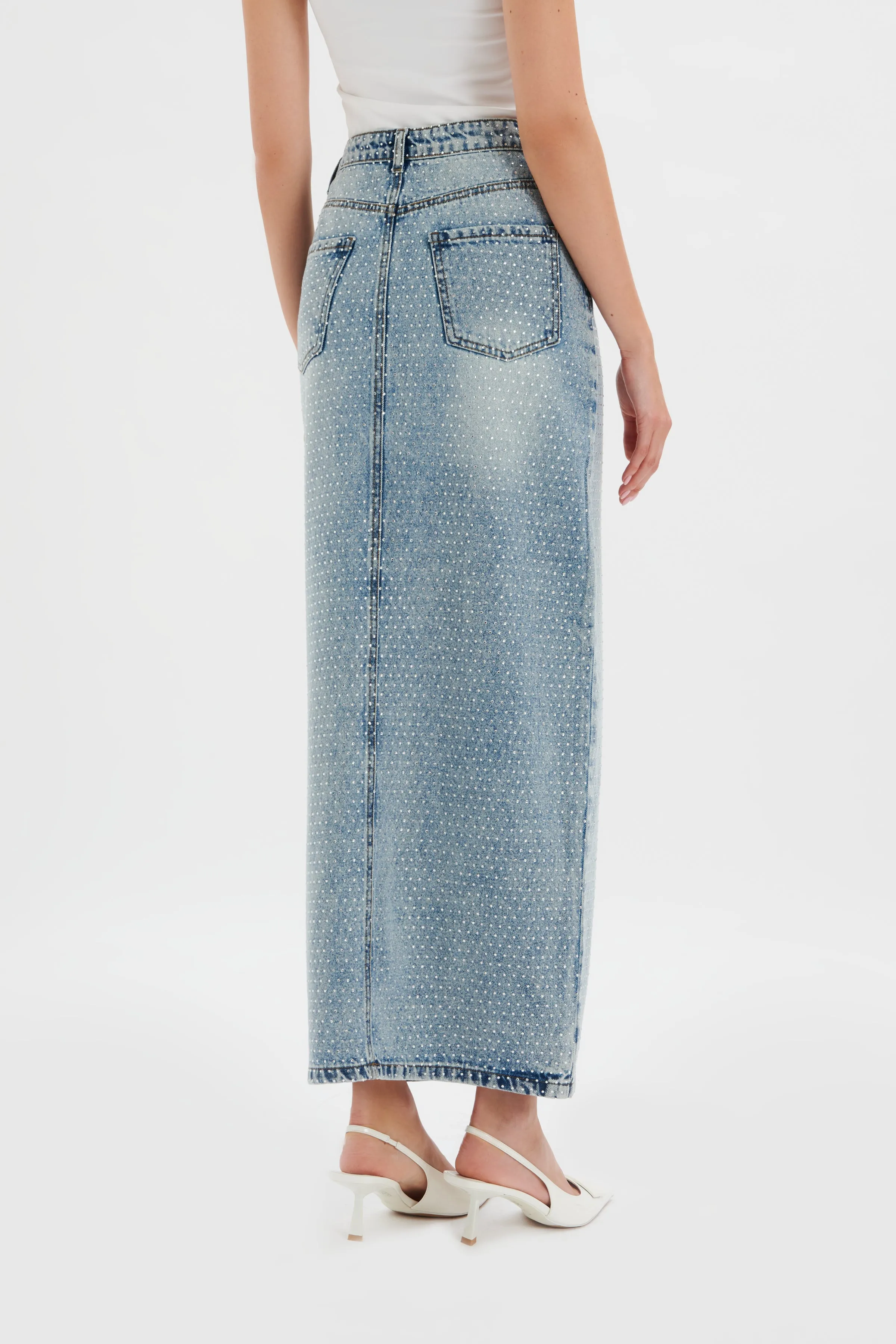 HARPER Crystal Embellished Denim Maxi Skirt in Light Blue