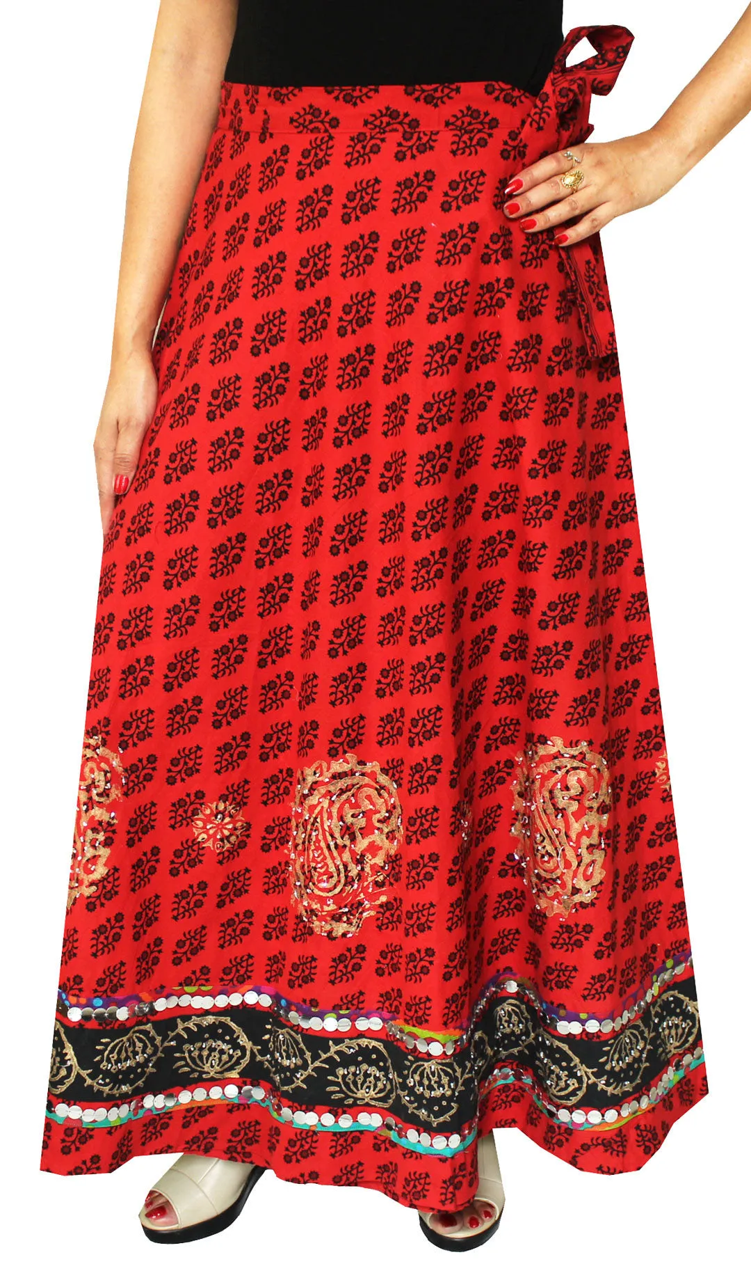 Indian Long Wrap Skirt Sequins Beads Cotton Maxi Printed Clothes (Maroon)