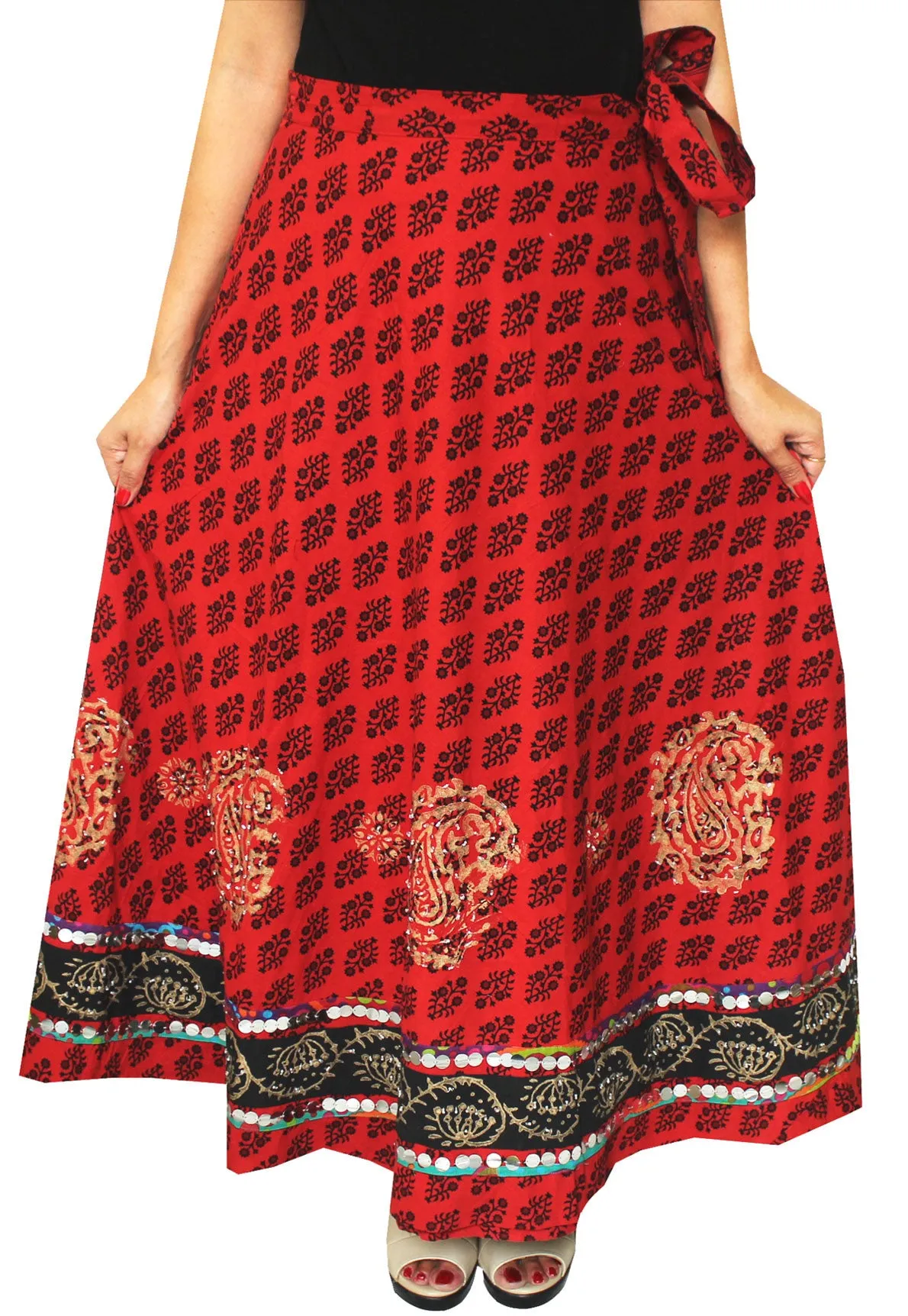 Indian Long Wrap Skirt Sequins Beads Cotton Maxi Printed Clothes (Maroon)