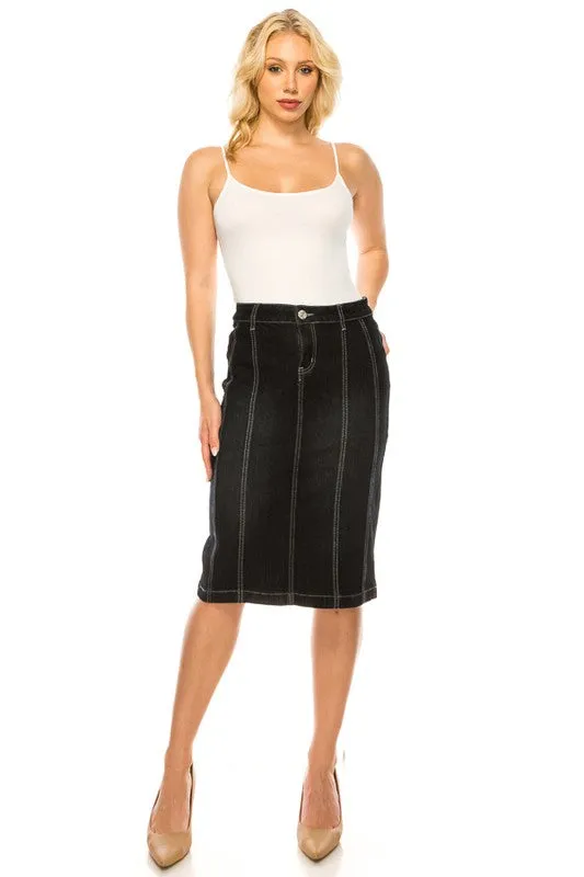 Jennifer Black Wash Stretch Jean Skirt (Five Front Stripes)