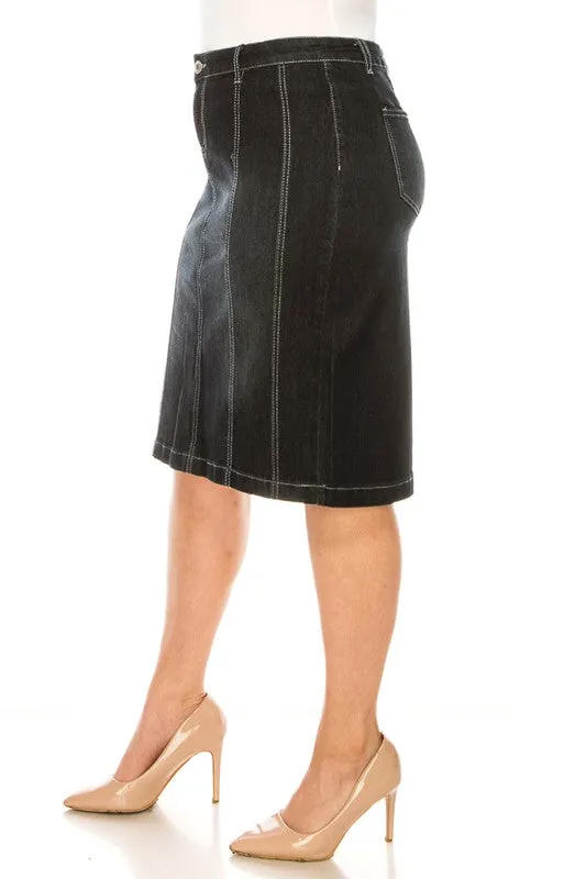 Jennifer Black Wash Stretch Jean Skirt (Five Front Stripes)