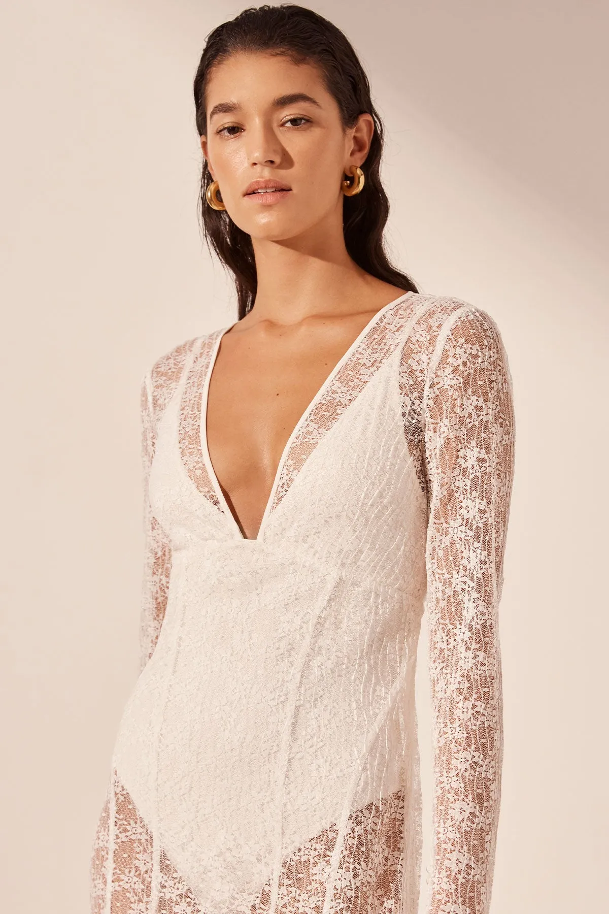 LA LUNE SOL LACE PLUNGED PANELLED MAXI DRESS - IVORY