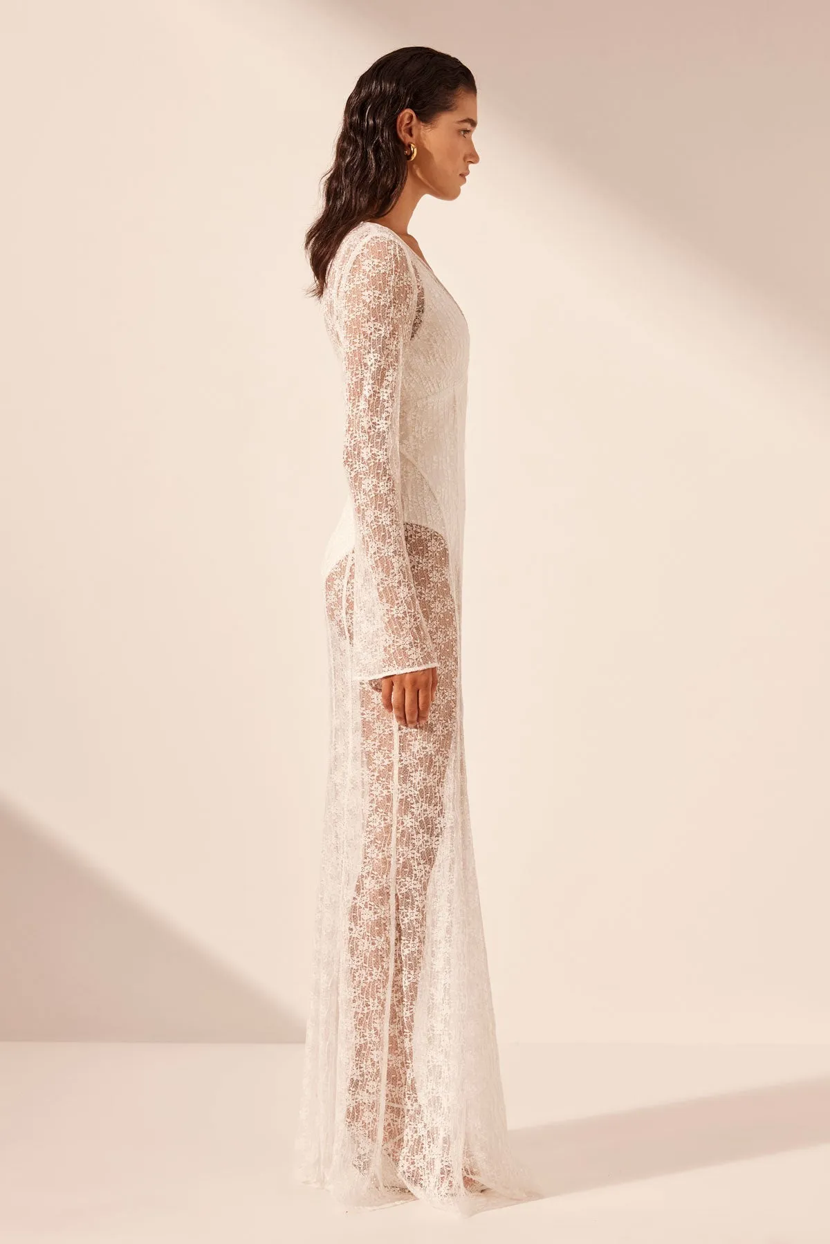 LA LUNE SOL LACE PLUNGED PANELLED MAXI DRESS - IVORY