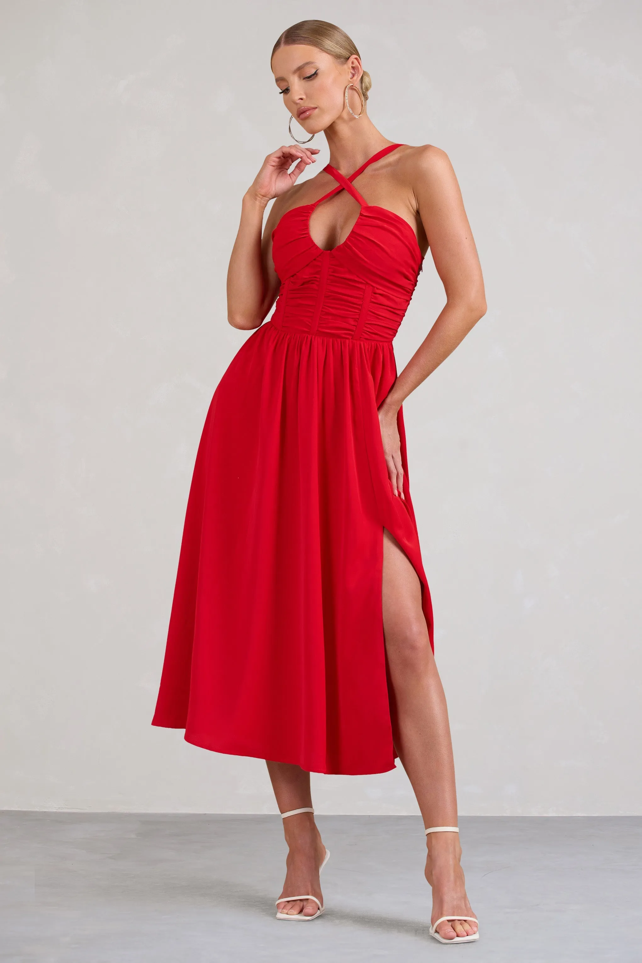 Lady Loren | Red Ruched Cross-Strap Split Midi Dress