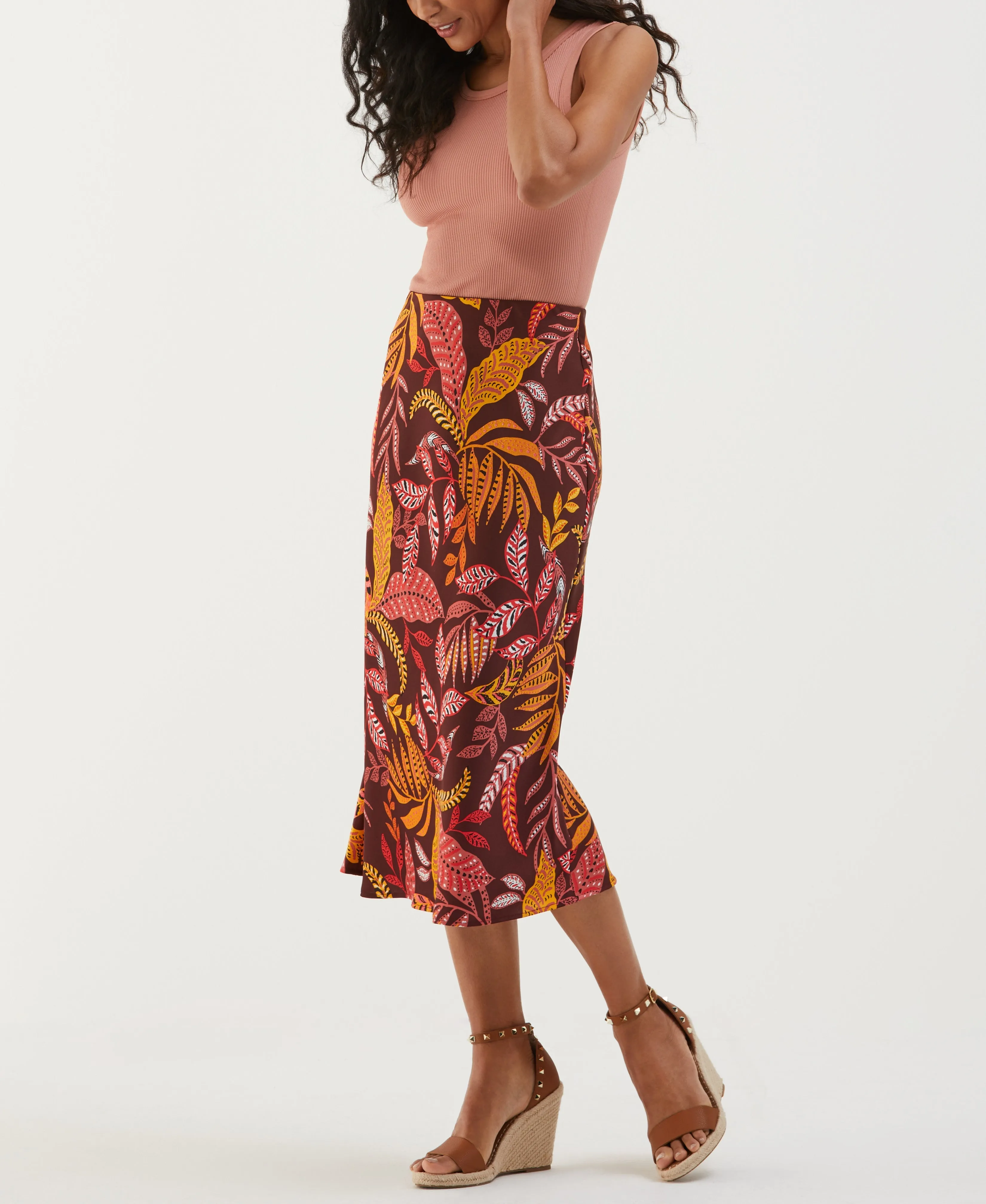 Leaf Print Shine Midi Bias Skirt