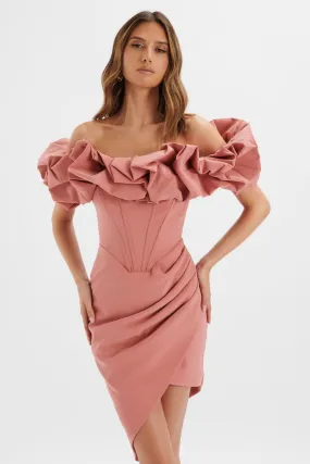 LILLY Extreme Ruffle Bardot Midi Dress In Rose Pink