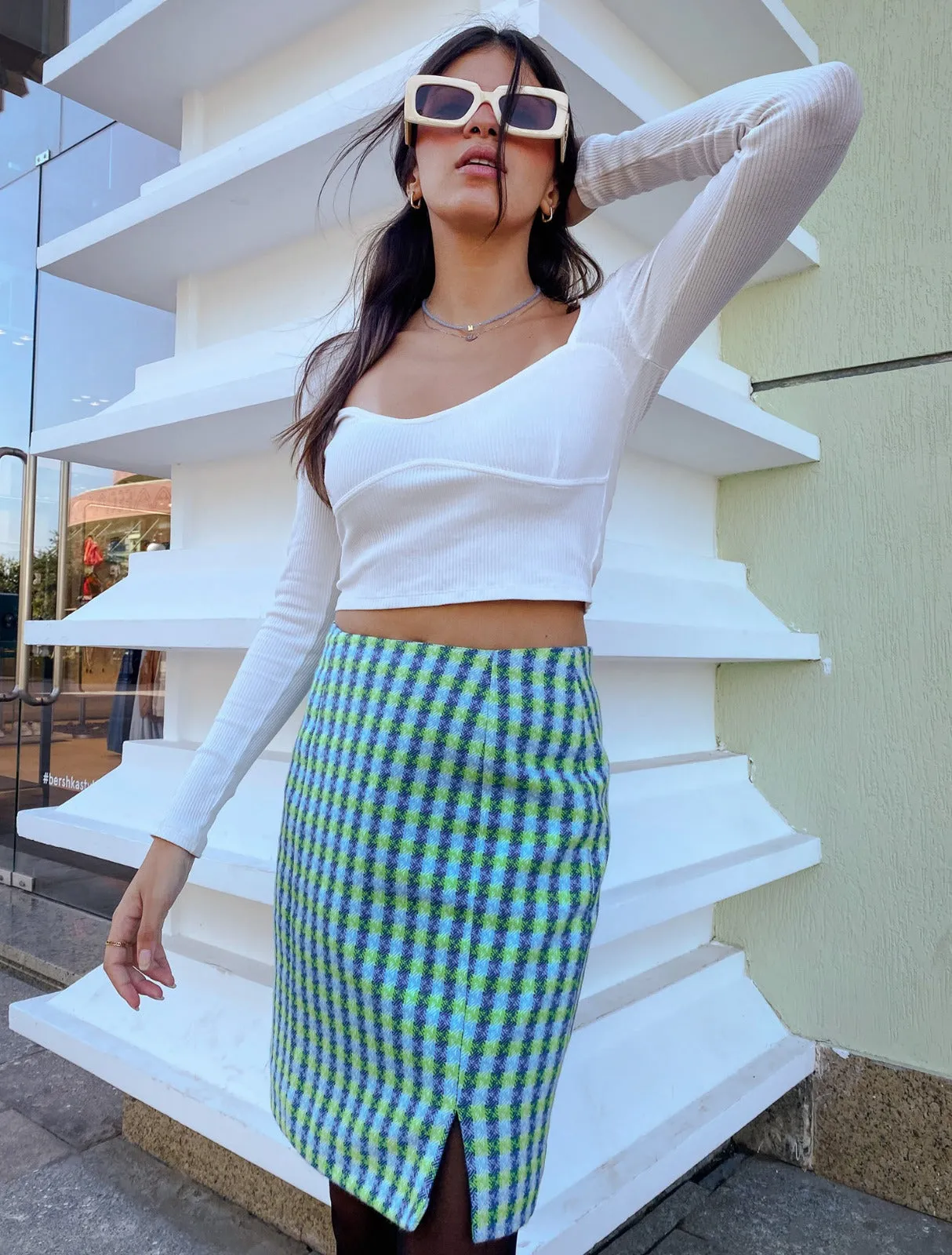 Lime Houndstooth Knee Length Skirt